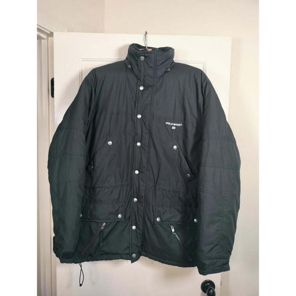 Vintage Polo Sport Ralph Lauren Puffer Parka Jacket Black Silver Snaps Men's Med